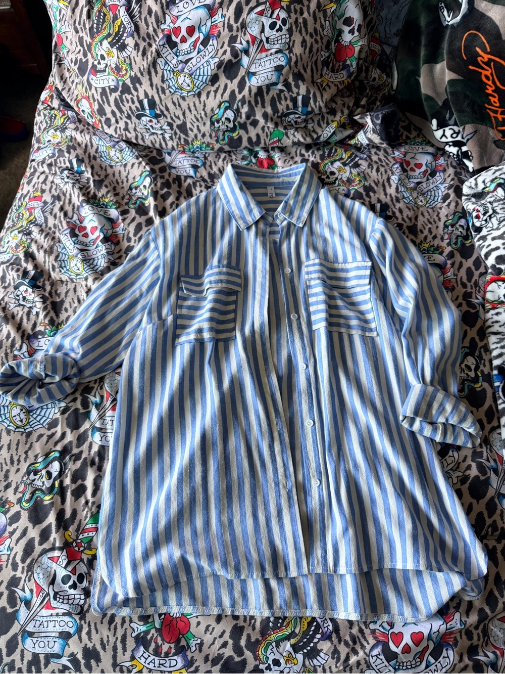 Light Blue & White Stripe Women Button-Up Shirt